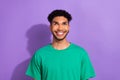 Portrait of handsome youngster guy white teeth smile look up wonder wear hipster clothes isolated purple pastel color