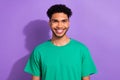 Portrait of handsome youth dude guy person bleaching white teeth wear hipster clothes isolated purple pastel color