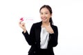 Portrait happiness beautiful young asian businesswoman showing and present gift voucher or coupon.