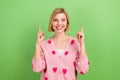 Portrait of happiness young lady blonde hair indicate fingers up above head useful tips increase profit  on Royalty Free Stock Photo