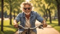 Portrait of a happy adult man riding a bicycle in the park outdoors