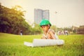 Portrait of happy african american kids boy playing outdoors in a park, Kid playing construction worker concept Royalty Free Stock Photo