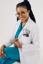 Portrait of happy african american nurse or doctor woman with stethoscope Royalty Free Stock Photo