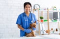 Portrait of happy African American vet doctor with cute little dog at animal clinic