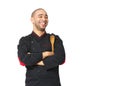 Portrait of happy Afro American professional cook isolated.
