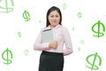 Portrait of a happy asian business woman with tablet computer - profit money appearing from the screen. Online commerce concept Royalty Free Stock Photo