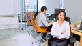 Portrait of happy Asian businesswoman arms crossed and smile in startup company office, business coworker working on computer