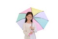 Portrait of happy Asian little girl with multicolored umbrella on white isolated background with clipping path. Kid holding Royalty Free Stock Photo