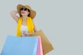 Portrait of a happy Asian pretty woman holding colorful shopping bags isolated on white background. Woman love shopping concept Royalty Free Stock Photo