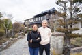 portrait happy asian senior couple spend holidays time on travelling in Japan Royalty Free Stock Photo