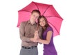 Portrait of happy attractive couple man and woman under umbrella Royalty Free Stock Photo