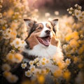 Portrait of a happy Australian Shepherd dog in a field of flowers