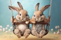 Portrait of happy baby hares in overalls joyfully swing, created with Generative AI technology