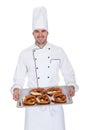 Portrait of happy bakerman with tray Royalty Free Stock Photo