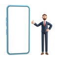 Portrait of happy bearded businessman with big phone showing gesture cool. 3D illustration of cartoon standing man with thumb up Royalty Free Stock Photo