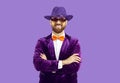 Portrait of happy bearded man wearing purple hat, suit, crazy bow tie and party glasses Royalty Free Stock Photo