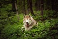 Portrait of happy and beautiful dog breed siberian husky lying in the green forest Royalty Free Stock Photo