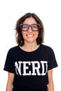 Portrait of happy beautiful nerd woman with eyeglasses smiling