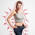 Happy woman standing in big jeans. weight loss concept. Royalty Free Stock Photo