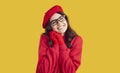 Portrait of happy beautiful young woman red autumn beret hat, gloves and glasses Royalty Free Stock Photo