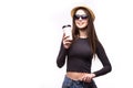 Portrait of happy beauty girl in sunglasses drink tea or coffee from paper cup Royalty Free Stock Photo
