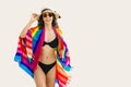 portrait happy bikini fashion beauty women standing smile with colorful shawls sunglasses and hat enjoy relax holiday summer time Royalty Free Stock Photo