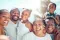 Portrait, happy black big family and love as they smile on vacation, trip or holiday. Ancestry, African people or