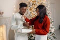 Portrait of happy black couple holding gift and standing near Christmas tree Royalty Free Stock Photo