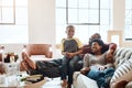 Portrait of happy black family child, parents or African people relax together, bonding and enjoy quality time Royalty Free Stock Photo