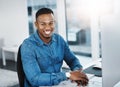Portrait, happy and black man by computer in office, workspace and desk professional in creative career. Smile Royalty Free Stock Photo