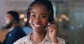 Portrait, happy and black woman at call center on headphones for crm support on bokeh at night. Face, sales agent smile