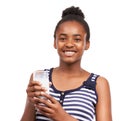 Portrait, happy and black woman drinking milk, healthy and wellness isolated on a white studio background. Face, African Royalty Free Stock Photo