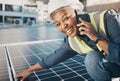 Portrait of happy black woman, solar panel and phone call for photovoltaic plate, sustainability advice or maintenance Royalty Free Stock Photo