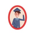 Portrait of happy boy in graduation cap and gown, family photo in wooden frame vector Illustration on a white background Royalty Free Stock Photo