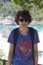 Portrait of happy boy in rhine falls in Switzerland Royalty Free Stock Photo