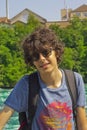 Portrait of happy boy in rhine falls in Switzerland Royalty Free Stock Photo