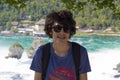 Portrait of happy boy in rhine falls in Switzerland Royalty Free Stock Photo