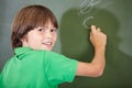 Portrait, happy and boy writing on a chalkboard for child development, confidence and art for learning. Academic Royalty Free Stock Photo