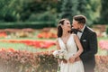 Portrait of happy bride and groom on their wedding day. Royalty Free Stock Photo