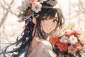 portrait of a happy bride with long black hair with a wedding bouquet of red and white flowers in anime style Royalty Free Stock Photo