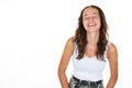 Portrait of happy brunette surprised young woman teenager smile laugh closed eyes on white background