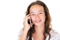 Portrait of happy brunette surprised young woman on white background teen girl on phone speak