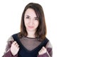 Portrait of happy brunette thirty year woman with long hair on white wall background isolated