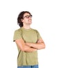 Portrait of happy brunette young man, long curly hair wears glasses, keeps arms folded looking confident aside isolated on white Royalty Free Stock Photo