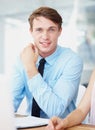 Portrait, happy and business man in office, workplace or company with coworker. Executive, smile and male professional