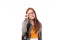 Portrait of happy casual Asian girl student with backpack isolated on white background. Back to school and learning concept Royalty Free Stock Photo