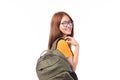 Portrait of happy casual Asian girl student with backpack isolated on white background. Back to school and learning concept Royalty Free Stock Photo