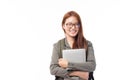 Portrait of happy casual Asian girl student with backpack and laptop isolated on white background. Back to school and learning Royalty Free Stock Photo