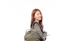 Portrait of happy casual Asian girl student with backpack and laptop isolated on white background. Back to school and learning Royalty Free Stock Photo