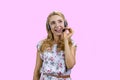 Portrait of happy cheerful blonde woman wearing headset. Royalty Free Stock Photo